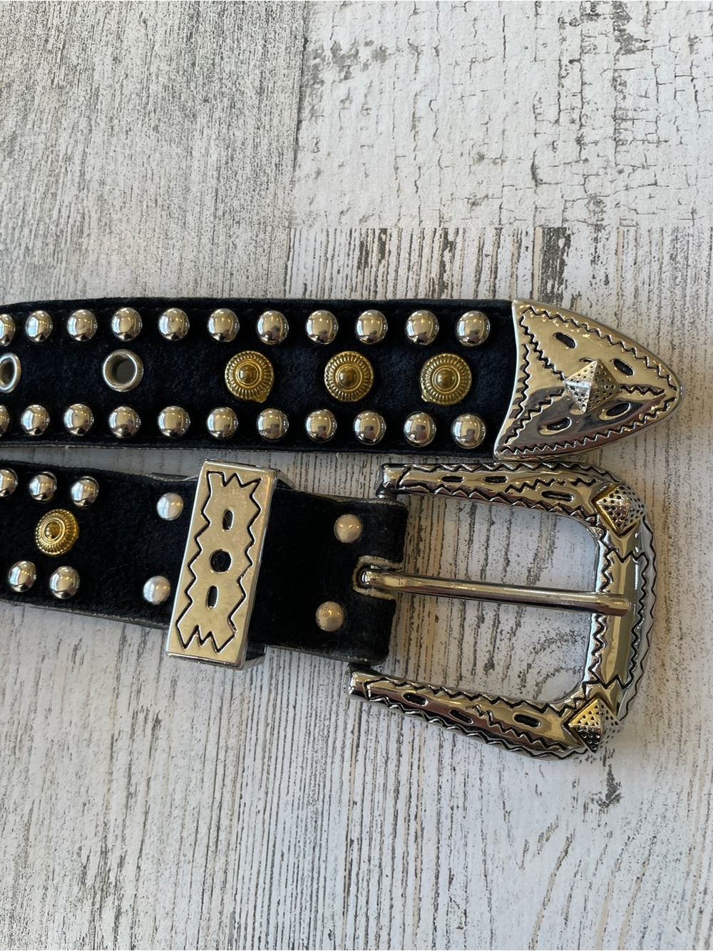 Vintage Black Belt Leather with Gold and Silver Studs Western Cowgirl EUC